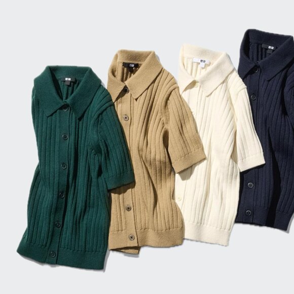 UNIQLO Ribbed Sweater-Knit Polo Short-Sleeve Button-Up Cardigan (Green) - Picture 5 of 16